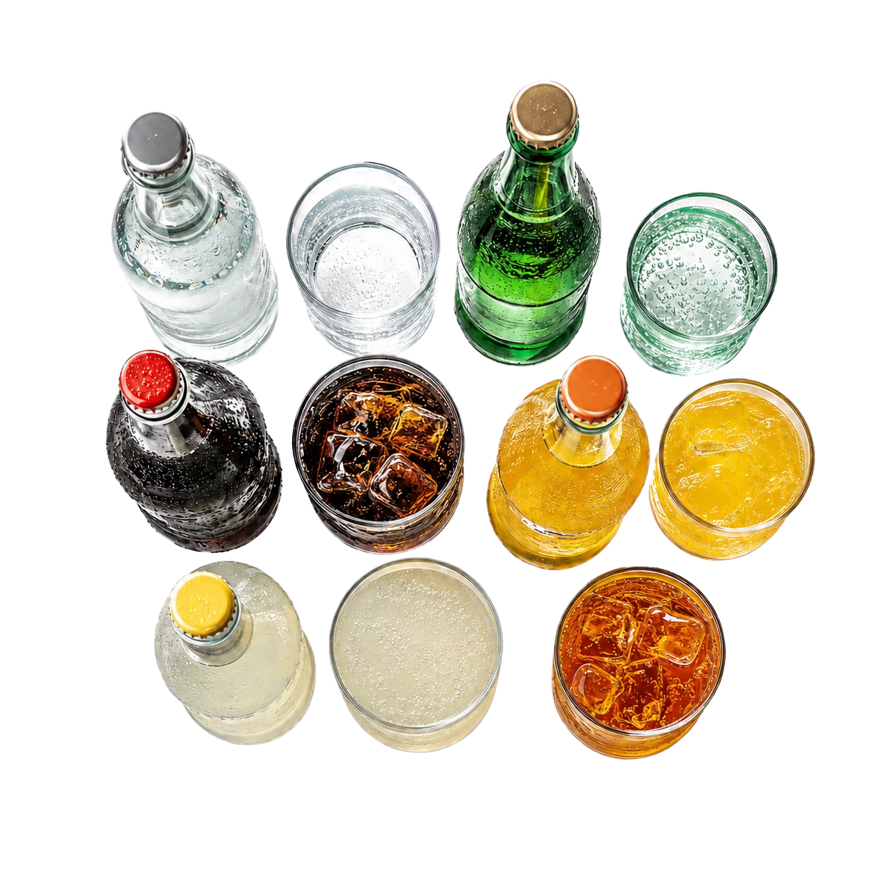 Eaux et boissons fraîches vues du dessus