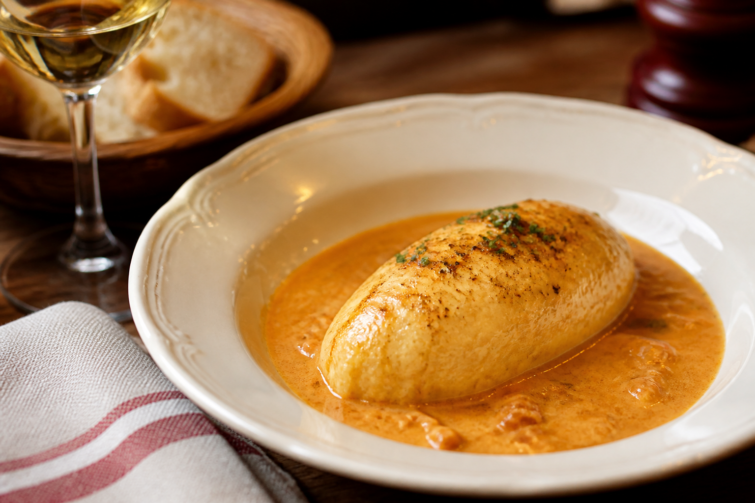 Quenelle de brochet servie en sauce dans un esprit bouchon lyonnais